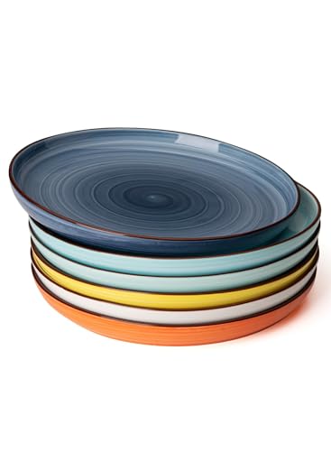 Sweese Dinner Plates, 10 Inch Round Porcelain Plates, Dish Set for Lunch, Party, Wedding, Restaurant, Microwave, Oven, Dishwasher Safe Plates Set of 6, Hot Assorted Colors