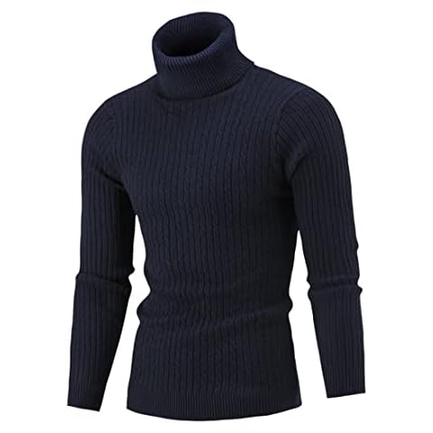 Cysincos Mens Turtleneck Sweater Casual Ribbed Pullover Slim Fit Knitted Jumper High Roll Neck Long Sleeve Sweater Classic Cable Knit Sweater with Twist Patterned (Navy Blue-M) Cover