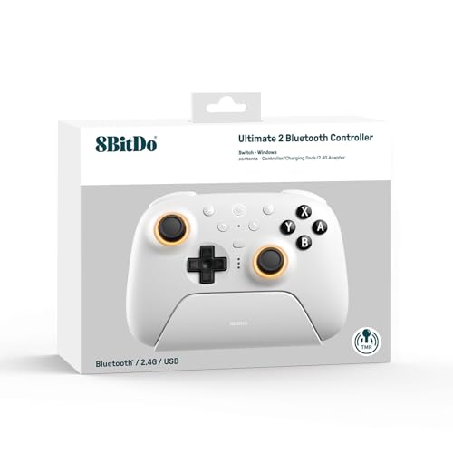 undefined 8BitDo Ultimate 2 Bluetooth コントローラー Switch/Switch 2 & Windows PC 用、TMR ジョイスティック付き Switch Pro コントローラー、切り替え可能なホール効果/触覚トリガー、振動とモーションコントロール、RGB ファイヤーリング（White） の商品画像 4