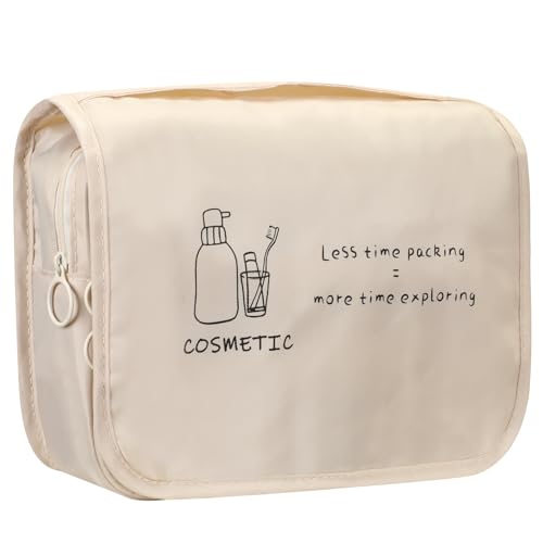 FINPAC Kulturbeutel zum Aufhängen, Reise-Kultur-Organizer mit Stabilem Haken, Kompakte Tragbare Kosmetiktasche Unisex Faltbare Waschtasche Kulturtasche für Damen und Herren (Beige)