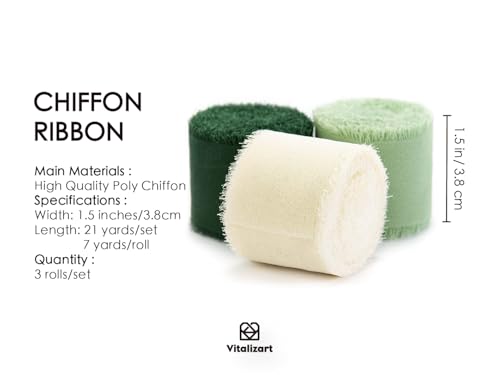 Vitalizart Chiffon Silky Ribbon 3 Rolls 1.5'' x 7 Yd Green & Cream - Image 2