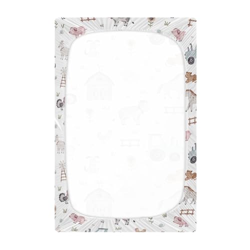 Image of Watercolor Farm Animals Tractor Fitted Crib Sheets Stretchy Portable Playard Sheets for Baby Toddler, Breathable Soft Mini Crib Mattress 52 x 28 in for Boys and Girls