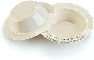 " OCCASIONS " 120 Pieces Plate Pack, Heavyweight Disposable Wedding Party Plastic Dessert Ice Cream Bowls (6 oz Ice cream bowls, Lace in Ivory & Gold)