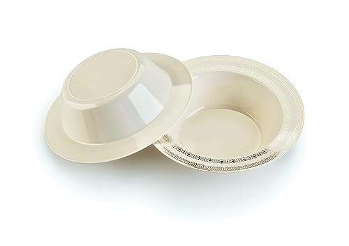 " OCCASIONS " 120 Pieces Plate Pack, Heavyweight Disposable Wedding Party Plastic Dessert Ice Cream Bowls (6 oz Ice cream bowls, Lace in Ivory & Gold)