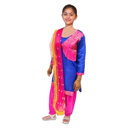 Image of Kaku Fancy Dresses Punjabi Girl Ethnic Costume for Kids - Blue & Magenta Salwar Suit Dress with Dupatta | Indian State Fancy Dress for Girls (3-4 Years)