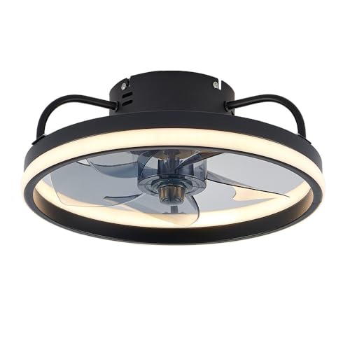 Ventilador de techo con luz, soporta mando APP y mando a distancia, 33cm 55W cabeza ventiladores de techo, rotación reversible con 6 velocidades 3 temperatura de color para dormitorio, estar (Negro)