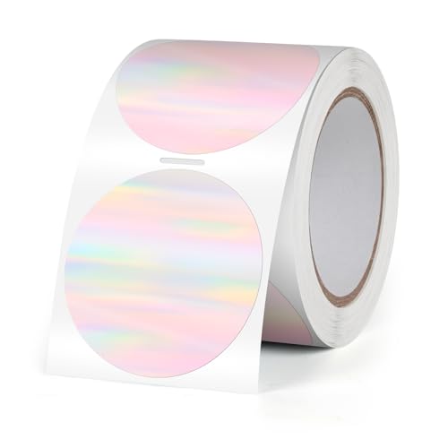 FINDAT Regenbogen Holographische Thermo-Etiketten Rolle Wasserdicht Runde 38 mm Punkt-Etiketten Bedruckbare Vinyl Laser Thermische Aufkleber für Logo Design DIY Danke QR 500 Stück