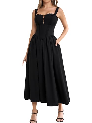 Image of KUTUMAI Women Summer Corset Midi Floral Wedding Guest Dresses with Pockets | Lace Neck, Smocked Back, Flowy A Line Sundress for 2026 Engagement Photoshoot Bridal Shower Garden Party