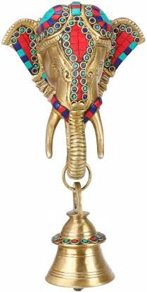 Indian Royal Art Gallery Brass Ganesha Wall Hanging Bell for Door (with Gemstone) | Multicolored Decoration | Living Room | Mandir | Office Decor | Gift Decorative Showpiece(Weight: 1900 G)