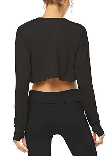 Bestisun Cropped Long Sleeve Top Athletic Crop Tops for Women Black M