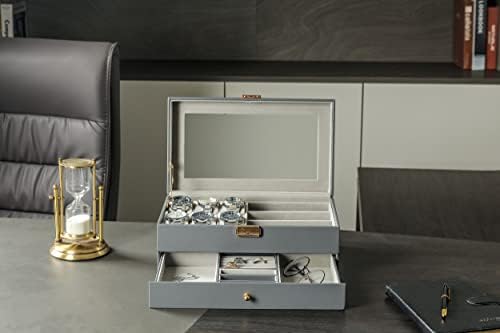 Watch Boxes, Glasses Box, Jewellery Box, Drawer Storage Box, 6 Women's Watch Cases and 3 Sunglasses, Jewellery Display, Lockable, Earrings, Rings, Bracelets, Watches Box with Glass, Leather for Women