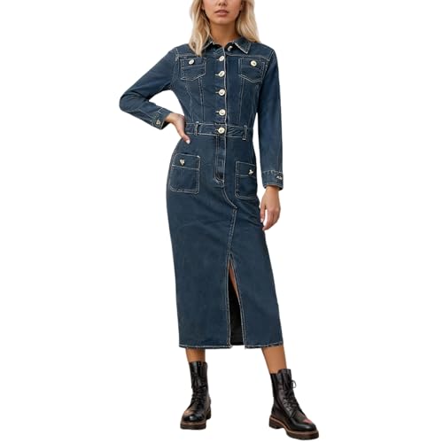 Generisch Jeanskleid Damen Langarm Bodycon Partykleid Elegant Cocktailkleider Vintage Denimkleid mit Knöpfe Blusekleid Lange Denim Dress Stretch...