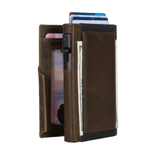 Image of Minimalist Pop Up Wallet for Men | RFID Blocking Credit Card Holder Wallet with Money Clip | Mens Wallet Slim Bifold Front Pocket Metal Case with Gift Box, Dark Brown, Minimalist