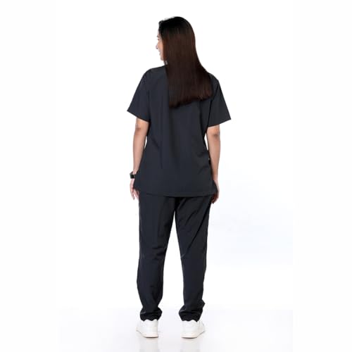 Image of Women's 5-Pocket Scrub Suit | Set of Top & Pant | Half Sleeves | Mandarin Collar | Breathable Polyviscose Fabric | Comfortable | Durable | Uniform for Doctors Nurse & Dentist BLK M
