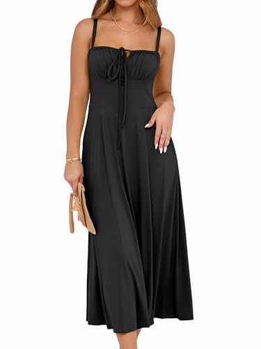 Image of YATHON Women's Summer Midi Corset Boho Dresses Spring Casual Floral Spaghetti Straps Lace Up Dress Flowy Aline Beach Sundress