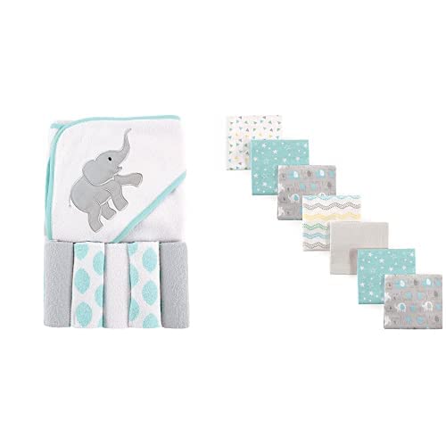 Luvable Friends Hooded Towel with Five Washcloths, Ikat Elephant and Cotton Flannel Receiving Blankets, Basic Elephant