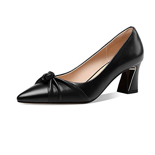 TinaCus Women's Genuine Leather Pointed Toe Handmade Knot Décor Mid Chunky Heels Elegant Pumps Shoes