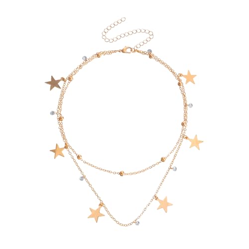 Rainway Collar de estrella de doble capa, cadena de oro de acero inoxidable con cromado, cadena de bolas dorada, cadena dorada para mujer (día a día/vacaciones)