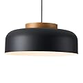Modern Large Pendant Light Fixture, 17.7 inch,Natural Wood Cap, Matte Black Finish, Simple Pendant Lighting for Kitchen Island, Dining Room, Table