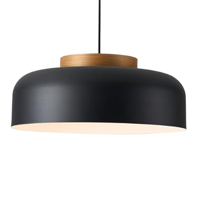 Modern Large Pendant Light Fixture, 17.7 inch,Natural Wood Cap, Matte Black Finish, Simple Pendant Lighting for Kitchen Island, Dining Room, Table