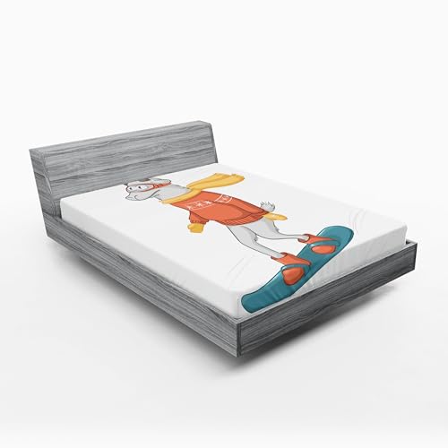 Ambesonne Goat 2 Pack Fitted Sheet, Cartoon Goat Snowboarding, Bed Cover All-Round Elastic Deep Pockets 2 Pieces, Package Contains 2 Full Size Fitted Sheets, Yellow White