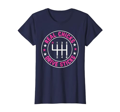 Funny Chicks Drive Sticks T-Shirt Women Navy Blue XL