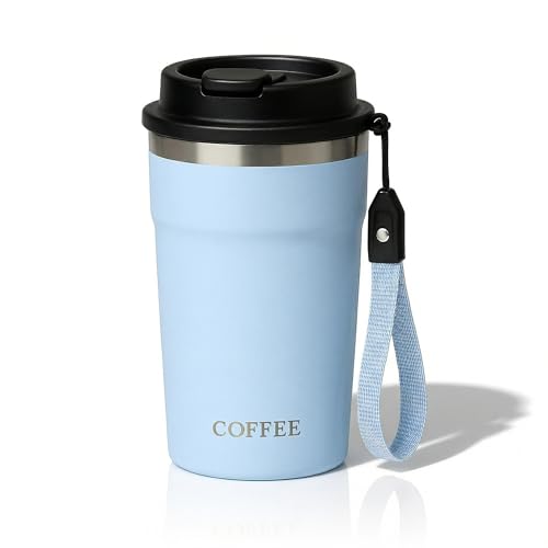 Image of Travel Coffee Tumbler with Lanyard - Insulated Stainless Steel Mug, Leak-Proof, Keeps Hot 6H & Cold 8H - Blue, 400 ML