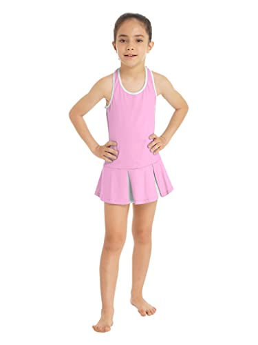 Choomomo Conjunto de ropa para niños con traje de tenis, camiseta sin mangas, falda de tenis con pantalón interior, para niñas, tenis, deporte, entrenamiento, fitness, tenis, etc., Rosa F, 146/152 cm