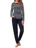 Uniexcosm Women's Pyjama Sets Cotton Long Sleeve Pjs for Women Soft Striped Top and Pants Sleepwear for Ladies with Pockets Casual Loungewear S-3XL Navy Blue