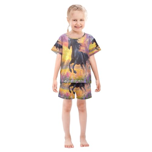 ALAZA Black Horse Flower Sunset Pajamas Set Short Sleeve Cotton Sleepwear Summer Pjs 2 Piece 5-14Y3