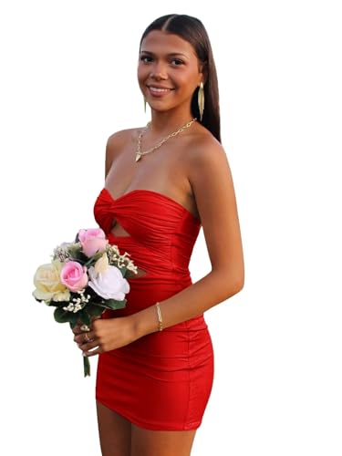 Women's Satin Homecoming Dresses for Teens Strapless Bodycon Cut Out Short Cocktail Party Gowns