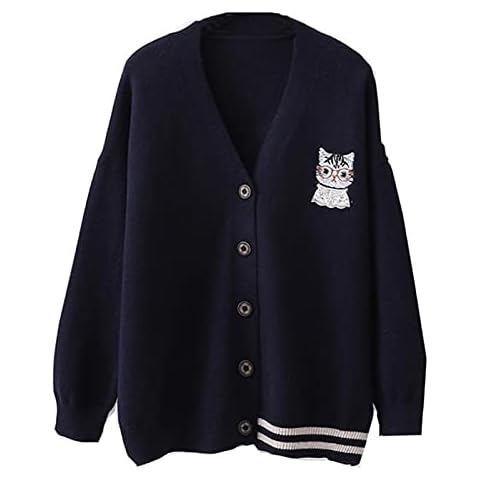 Esdlajks Sweaters for Women Japanese Cute Cat V-Neck Cardigan Sweater Women Autumn/Winter Knit Sweater Jacket Women Girl (Color : Black, Size : ONE Size) Cover