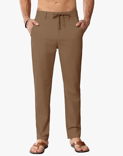 JWM Linen Dress Pants for Men Summer Casual Beach Lightweight Comfy Trousers Travel Vacasion Pants with Zipper Pocket 30" Dark Khaki2