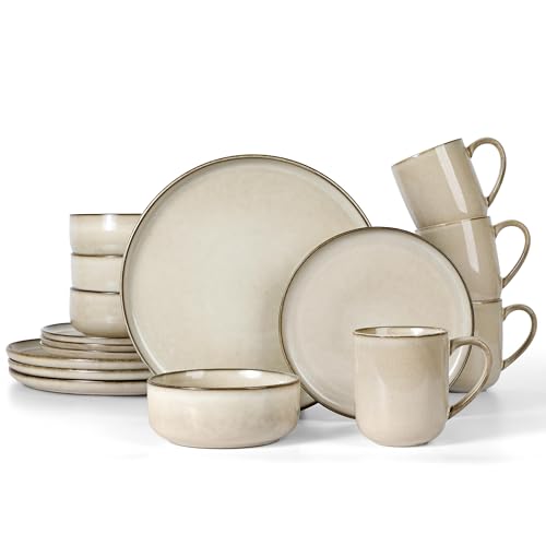 LIANYU Dinnerware Dish Set for 4, 16 Piece Ceramic Dinner Tableware Dishware Set, Stoneware Plates and Bowls Set for Home Restaurant, Microwave & Dishwasher Safe, Topaz Khaki LIANYU Dinnerware Dish Set for 4, 16 Piece Ceramic Dinner Tableware Dishware Set, Stoneware Plates and Bowls Set for Home Restaurant, Microwave & Dishwasher Safe, Topaz Khaki