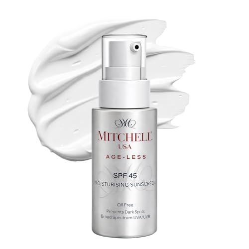 Image of Mitchell USA Ageless Anti Aging Face Sunscreen SPF 45 | UVA /UVB Protect | Vitamin E, Carrot, Soyabean & Lotus Seed Extract | For All Skin Types of Men & Women | Alternative to Sunscreen SPF 50 | 50ml