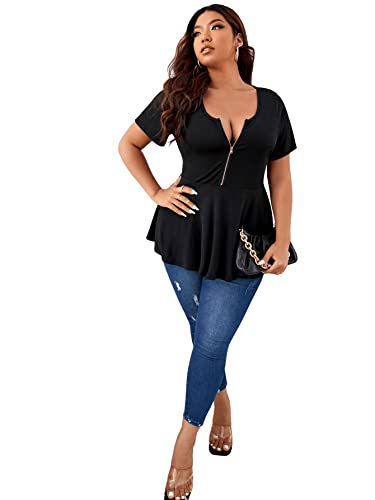 Soly Hux Plus Size Women Sexy Half Zip Up Low Cut Short Sleeve Ruffle Babydoll Peplum Tops Black 3Xl #TOP4