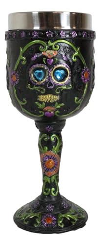 Ebros Day of The Dead Ossuary Wedding Black Sugar Skull Wine Goblet 7oz Chalice As Kitchen Decorative Halloween Party Centerpiece Accessory