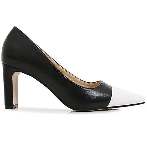 Stunner Women's Pointed Toe Pumps Shoes Stitching Color Chunky Heel Party Dress Heels2