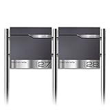 Metzler Standbriefkasten für Mehrfamilienhaus 2er in Eisenglimmer DB703 – Freistehender Doppelbriefkasten für 2 Familienhaus mit Zeitungsfach und Edelstahl Standfüße –Lesergravur – Modell Siebert