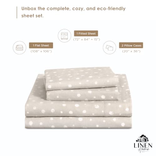 Image of Linen Home 100% Cotton Printed Percale Sheets Cal King Size, Polka Beige