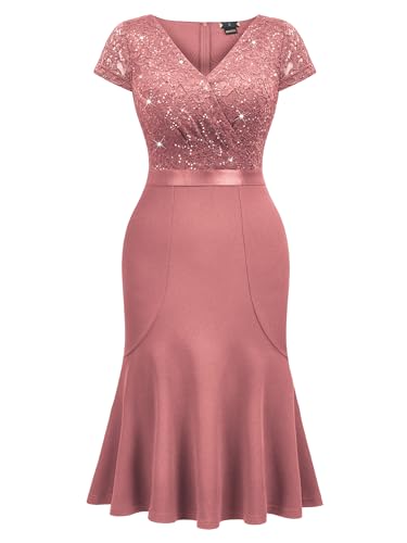 Image of Miusol Women's Elegant V Neck Sequin Glitter Lace Ruffle Style Cocktail Prom Dress