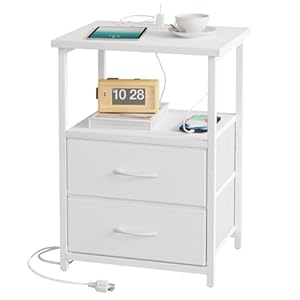 Fixwal White Night Stand with Charging Station, Bedroom Nightstand with Fabric Drawers, Bedside Table with PU Finish