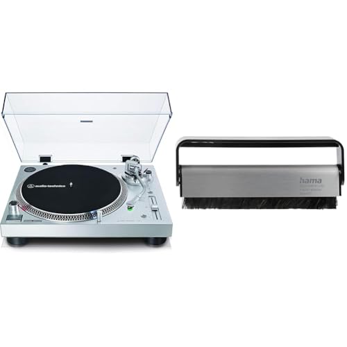 Audio-Technica AT-LP120X direktangetriebener Plattenspieler (Analog und USB) Silber & Hama Carbon-Faserbürste für Langspielplatten (antistatisch Schallplatten reinigen, Vinylbürste), schwarz/Silber