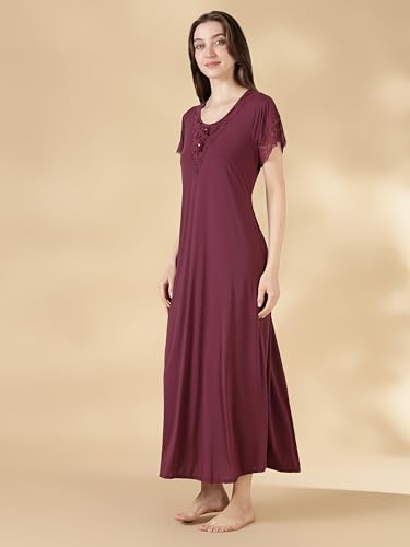 Image of 9shines Label Stylish Soft Modal Maxi Nighty | Honeymoon Nighty | Full Length Trendy Nightgown | V-Neck Lace | Premium Nightdress | Soft Long Nightdress | Maxi Gown Nightwear for Women (Malai Satin)