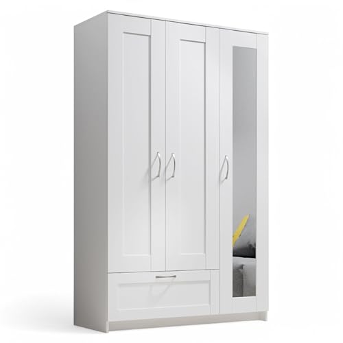 Stella Trading LEPINI Kleiderschrank mit Spiegeltür in Weiß - Vielseitiger Drehtürenschrank 3-türig für Ihr Schlafzimmer - 117 x 191 x 50 cm...