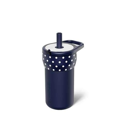 Image of BruMate Leap 12oz 100% Leakproof Kids Tumbler with Handle and Silicone Soft Straw | Durable Drop Resistant Silicone Sleeve | Made of Insulated Stainless Steel | Cup Holder Friendly | (Navy Polka Dots)