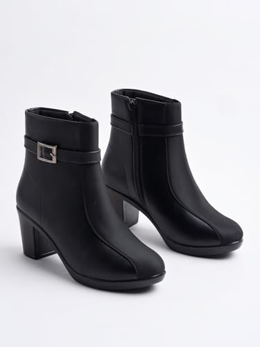Image of Women's Faux Leather Ankle Boots with Mid Heel and Buckle Strap || Side Zipper Comfort Booties for Fall & Winter