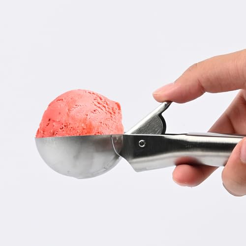 ZKIRON Old-school Ice Cream Scoop with Easy Release - Stainless Steel, Heavy Duty Durable Design, Ergonomic Handle, Perfect for Ice Cream, Gelato, Sundae, Frozen Yogurt, Fruit, Cookie (Silver) (Large)