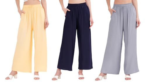 Image of Buy That Trendz Palazzo Pants for Women Rayon Elasticated Regular Fit Flared Wide Leg M to 6XL Pack of 3