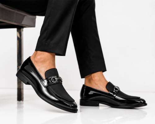 Image of Men's Formal Dual-Texture Loafer, Slip-On Dress Shoe, Patent and Matte Finish, Metallic Bit Detail, for Black-Tie Events and Festive Occasions